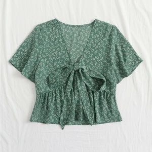 Knot Front Ditsy Floral Ruffle Hem Blouse
